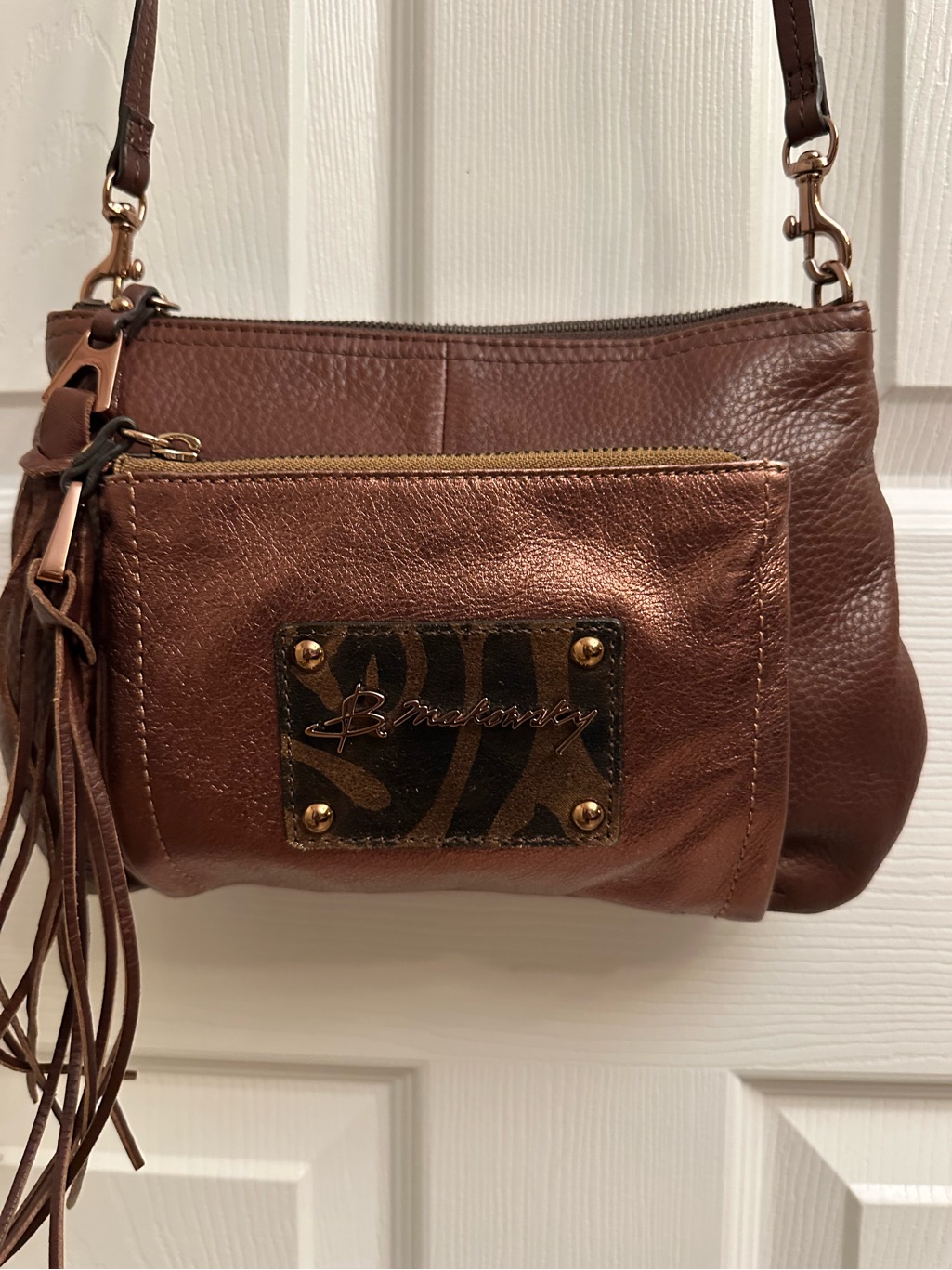 B. Makowsky Brown Leather Crossbody With Tassel & Front Pocket